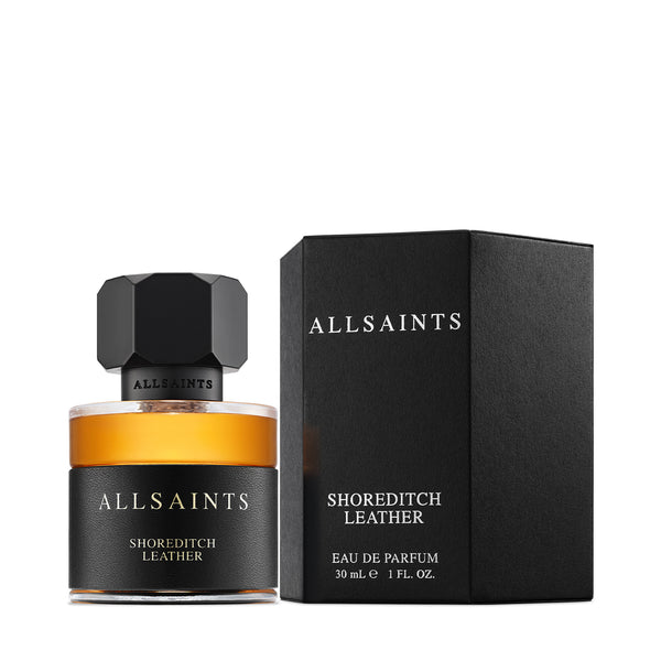 Allsaints Shoreditch Leather perfume bottle and packaging on a white background