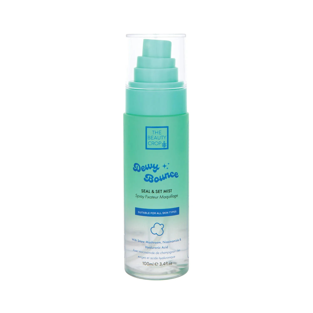 The Beauty Crop Dewy Bounce Seal & Set Mist in a turquoise spray bottle on a white background