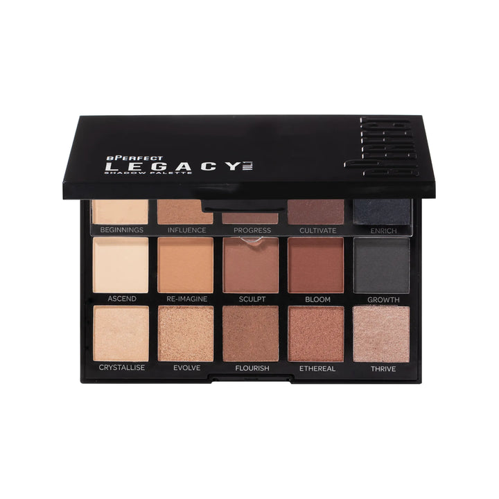 bPerfect Cosmetics Legacy Shadow Palette open showing variety of shade colours with shimmer and matte effects on a white background