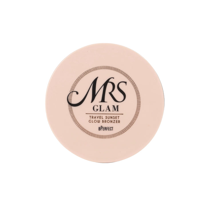 Round beige bronzer compact with 'Mrs Glam' branding on a white background