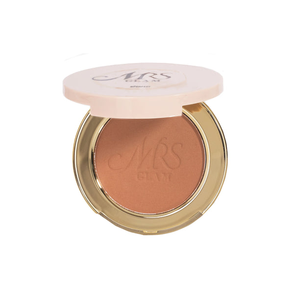 Compact powder with gold casing and visible 'MRS Glam' branding on a white background