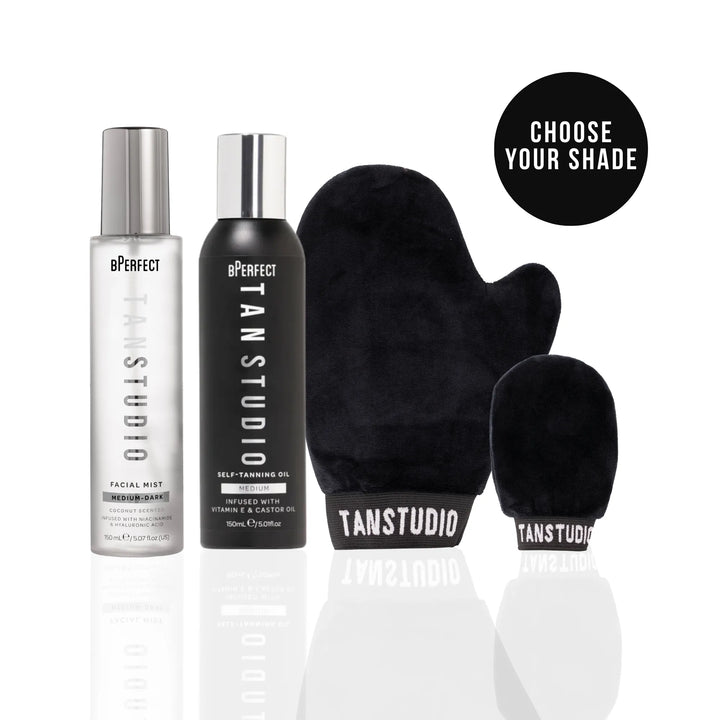 Tan Studio self-tanning products including bottles and mittens on a white background