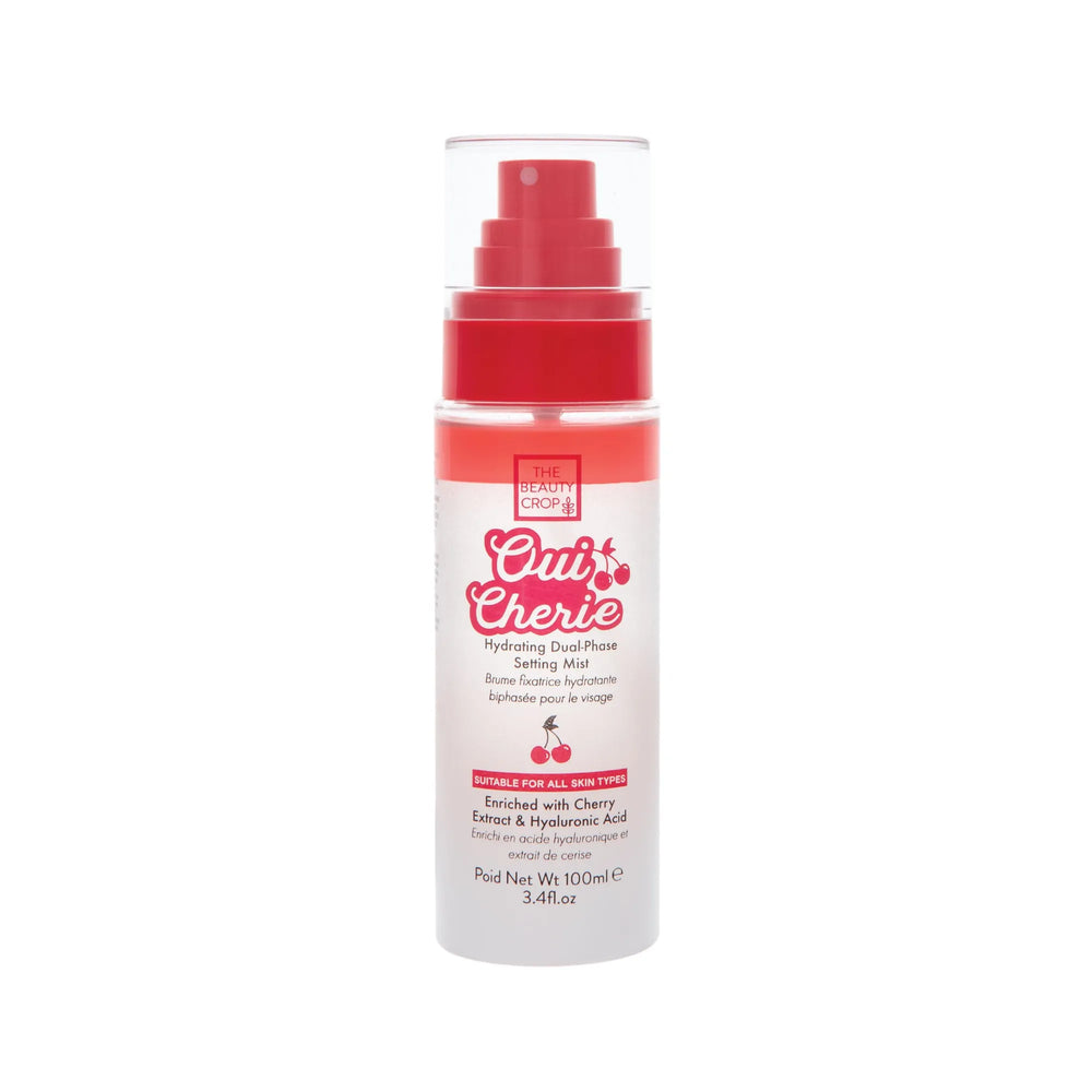 The beauty crop oui cherie hydrating dual-phase setting mist white bottle with red spray cap on a white background