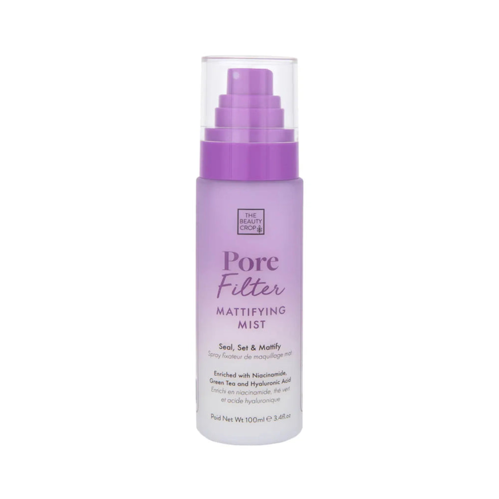The Beauty Crop Pore Filter Mattifying Mist in a purple spray bottle on a white background