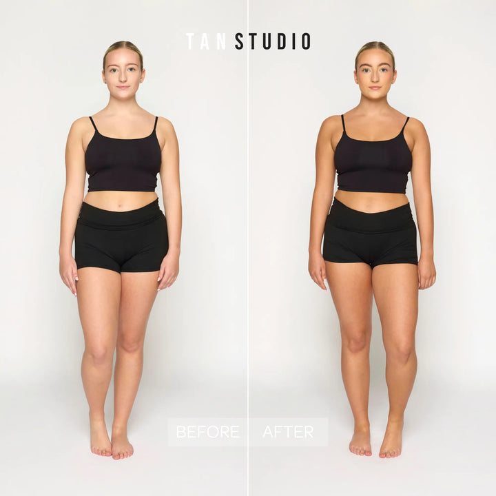 Before and after comparison of a person wearing black tank top and shorts on a white background with 'Tan Studio' branding.