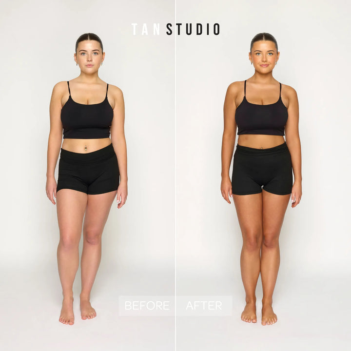 Before and after tan studio comparison of a light skin model wearing black athletic wear on a white background.