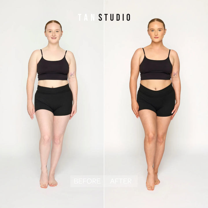 Before and after comparison of a person wearing black athletic wear on a white background with 'Tan Studio' branding.