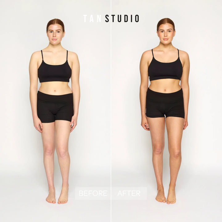 Before and after comparison of a person wearing black athletic wear on a white background, with 'TAN STUDIO' branding.