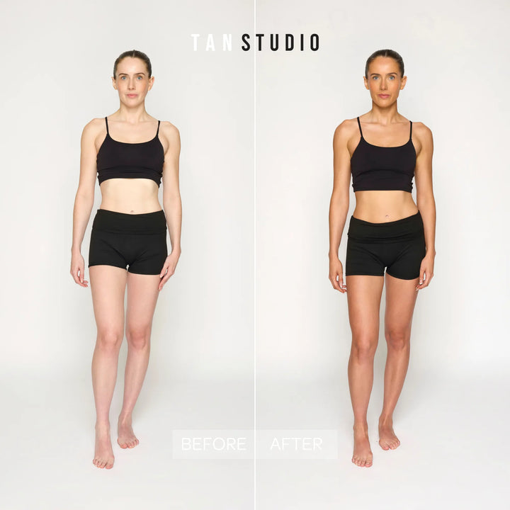 Before and after tan studio comparison of a light skin model wearing black athletic wear on a white background.