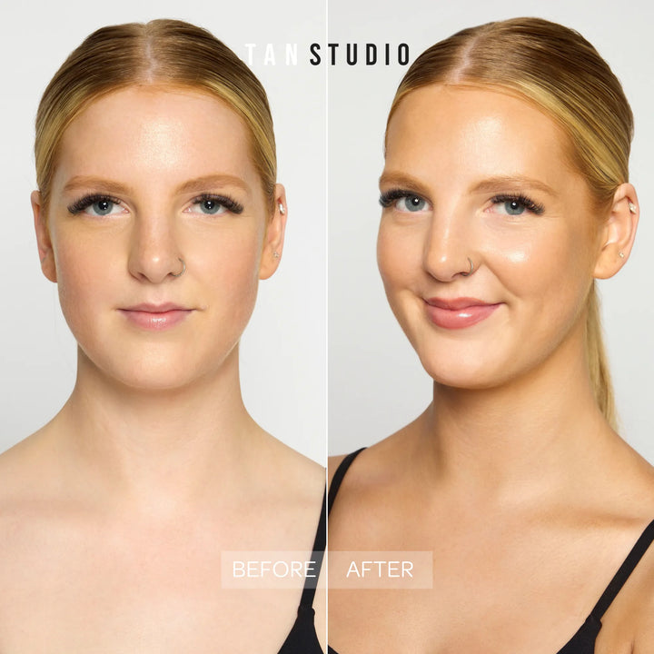 Before and after makeup comparison of a woman with 'Tara Studio' branding.