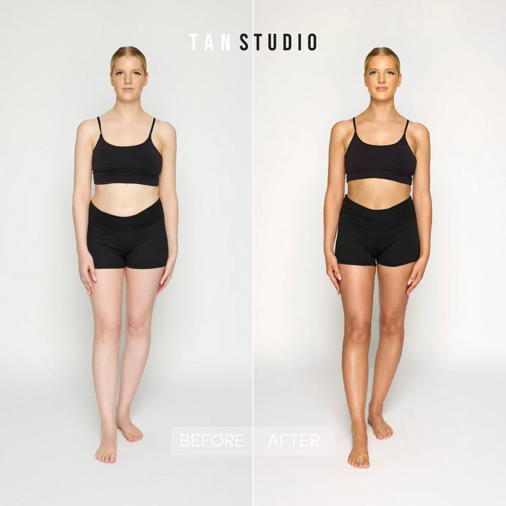 Before and after tan studio comparison of a light skin model wearing black athletic wear on a white background.