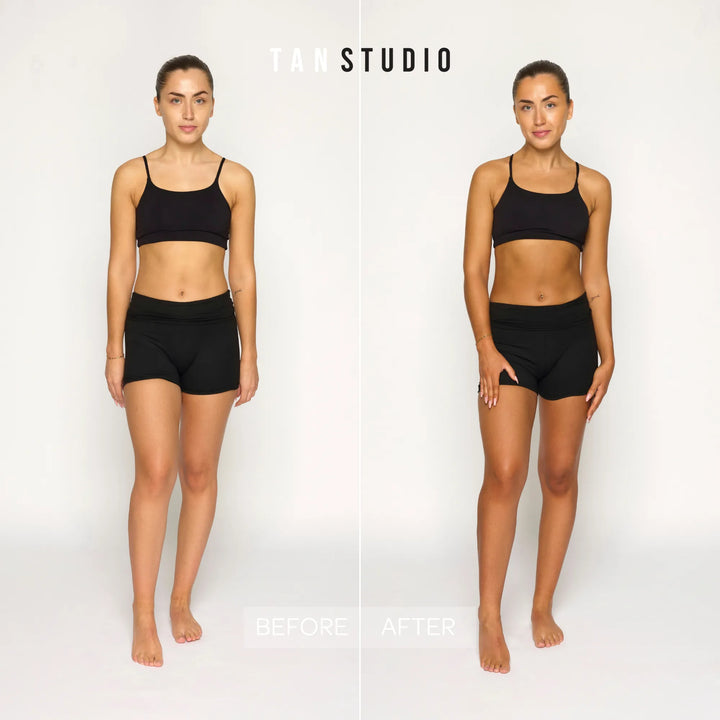 Before and after tan studio comparison of a light skin model wearing black athletic wear on a white background.