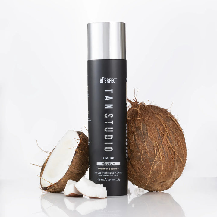 Tan Studio product with coconuts on a white background