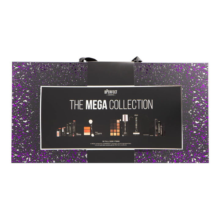 bPerfect Cosmetics Mega Collection bold paint splatter style packaging with product images including palettes, tanning sets, brushes, eyeliner, mascara and lip liner on a white background